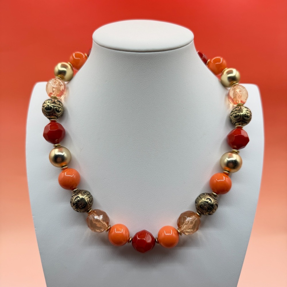Orange Red Bead Necklace Gold Tone Filigree Beads Chunky Statement Boho 21in